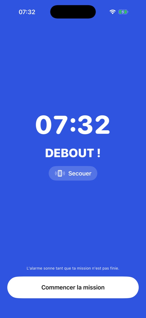 L'écran de réveil de Debout : DEBOUT ! avec la mission Secouer