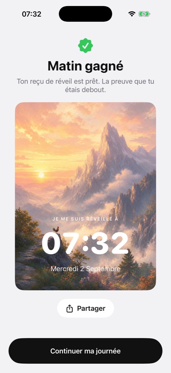 Reçu de réveil du matin gagné